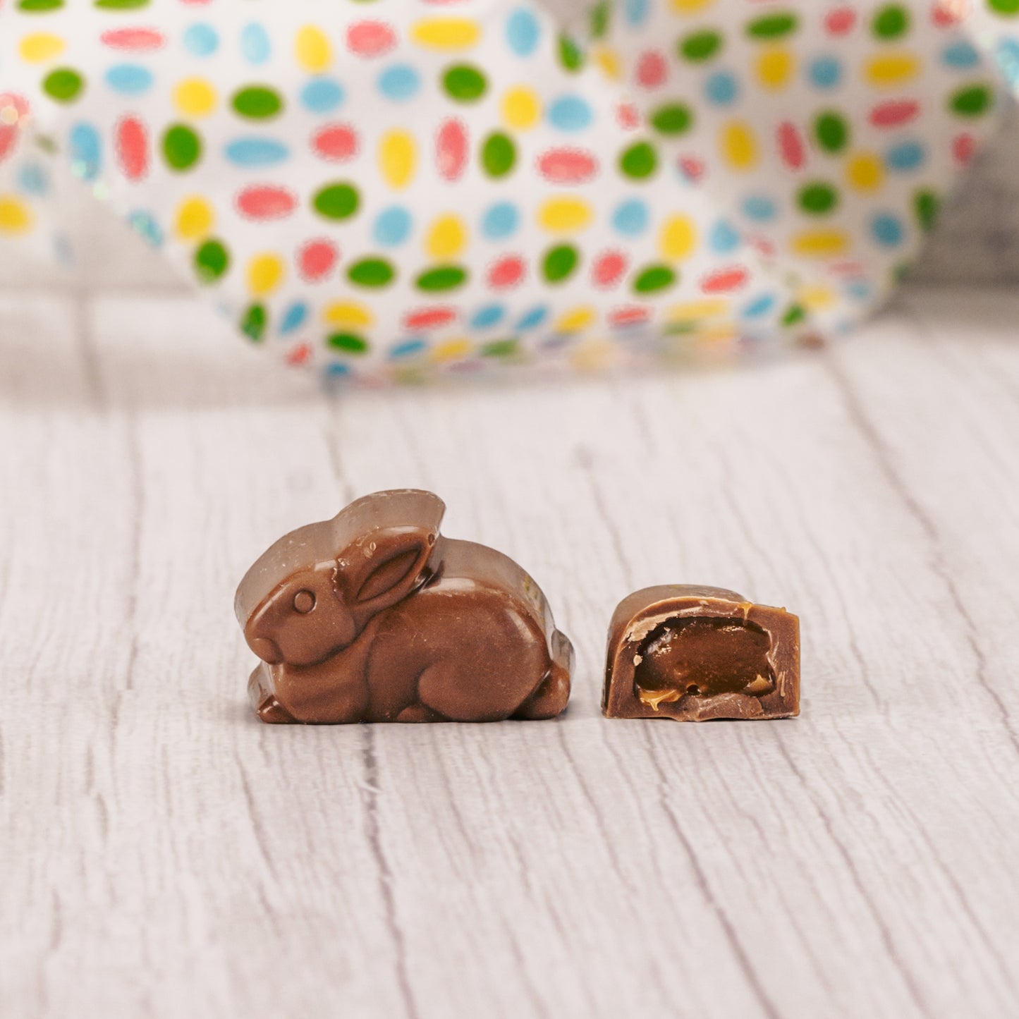 a half pound bag of milk chocolate with caramel centers bunnies