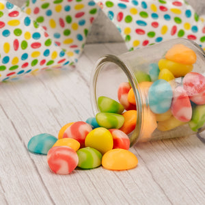 a half pound bag of colorful gummi eggs in assorted fruit flavors