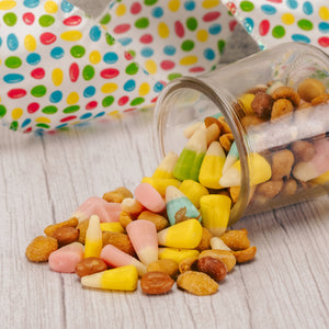 a half pound bag of spring candy corn, Spanish peanuts and honey roasted peanuts makes a great snack