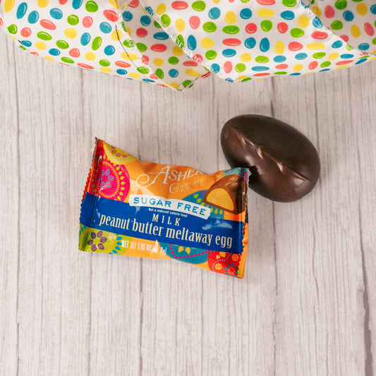 a small sugar free peanut butter cream egg in milk chocolate. Individually packaged.