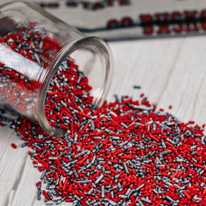 Scarlet and gray colored sprinkles.
