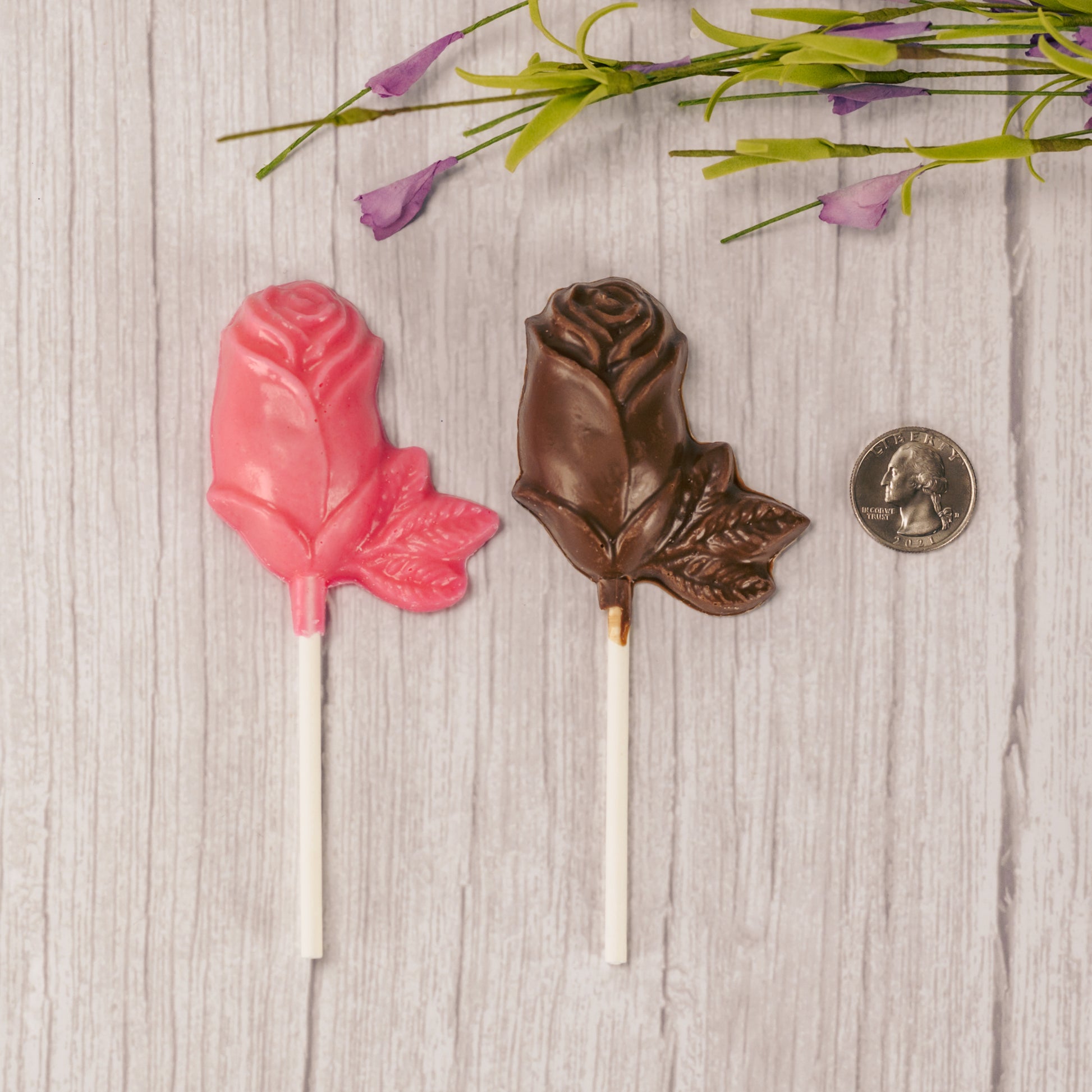 milk chocolate and pink coating (tastes like white chocolate) rose suckers.