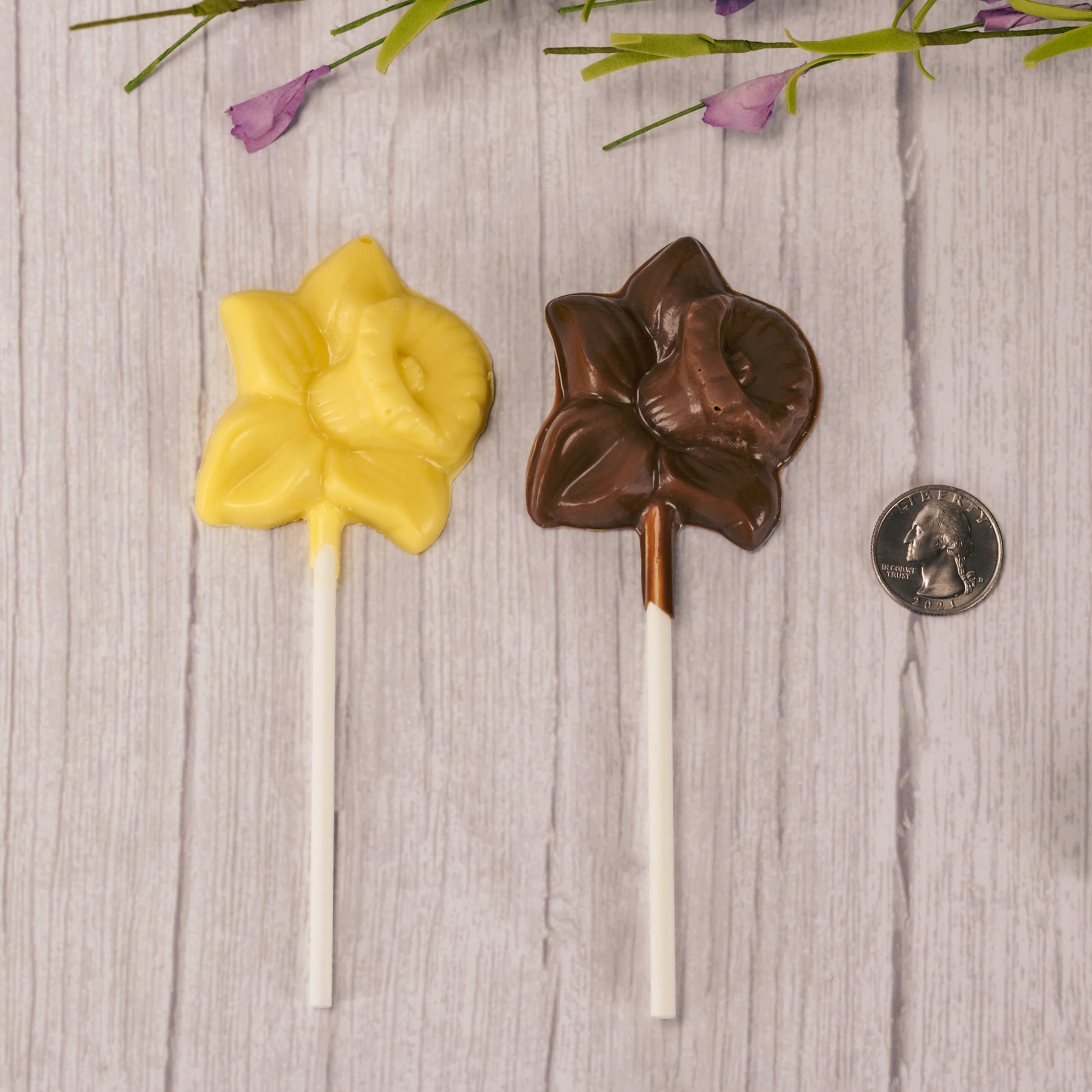 milk chocolate and yellow coating (tastes like white chocolate) daffodil sucker.