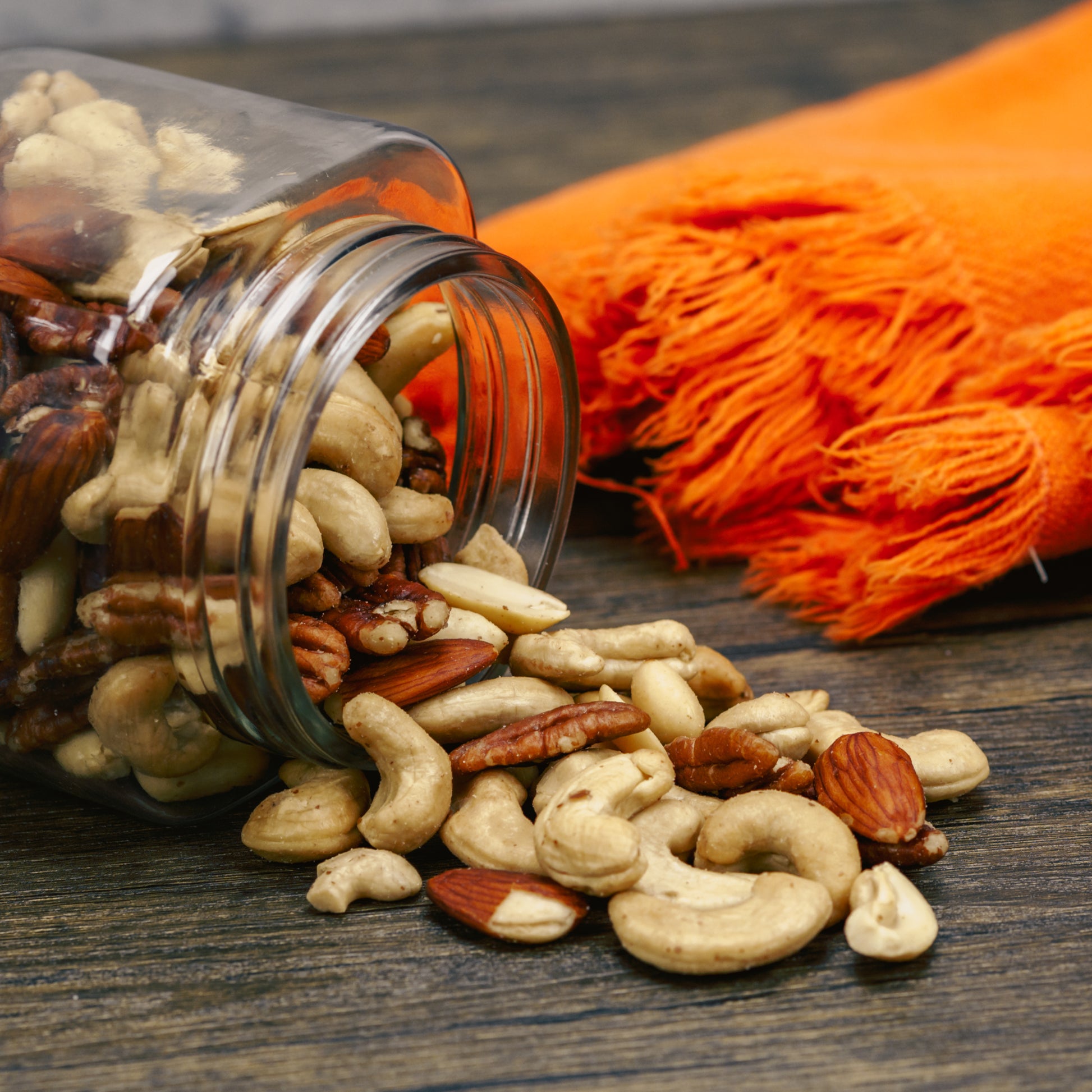 Half pound bag of roasted and salted mixed nuts like cashews, peanuts, almonds, and pecans.