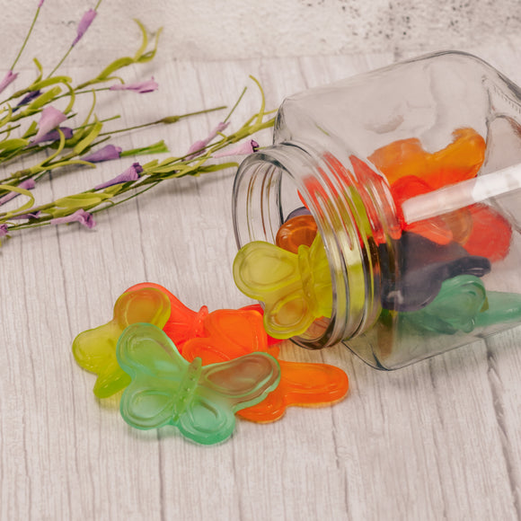 Enjoy a half pound of large colorful gummi butterflies this spring that are flavored grape, strawberry, orange, blue raspberry, cherry and green apple