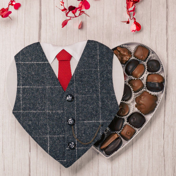 a pound vest heart shaped box will be perfect for your business-attire valentine. Filled with a pound of delicious assorted chocolates. Choose a milk chocolate assortment or a milk and dark assortment. 