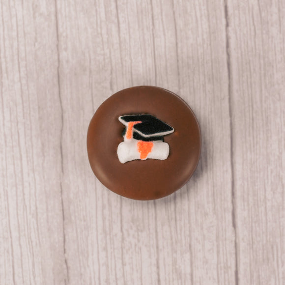A crunchy Oreo cookie covered in smooth milk chocolate with a sugar graduation cap decoration on top. Individually packaged for a gift, party favor or snack.