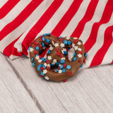 A jumbo pretzel covered in smooth milk chocolate sprinkled with red, white and blue stars, Individually packaged.