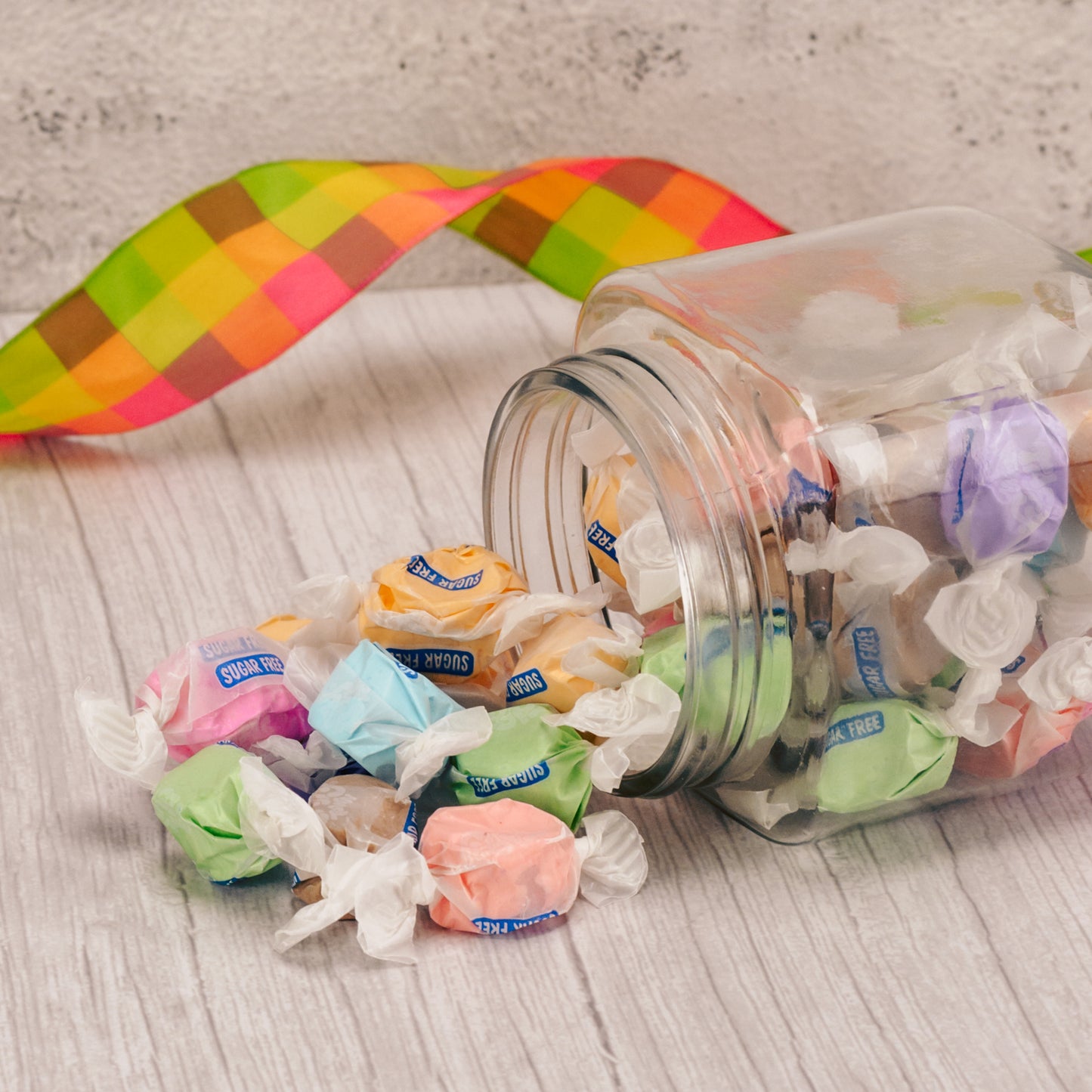 a half pound bag of sugar free taffy includes flavors like banana, blue raspberry, cinnamon, chocolate, strawberry and vanilla.