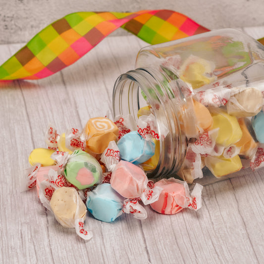 half pound bag of taffy, flavors include: strawberry, banana, orange, watermelon, chocolate chip and blue raspberry.