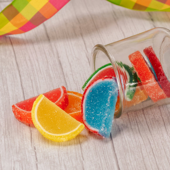 chewy, gummi sugar-coated fruit slices include blue raspberry, lemon, lime, orange, cherry and watermelon. Come two of each flavor in a package.