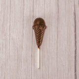 A milk chocolate ice cream cone sucker on a stick. Individually packaged.