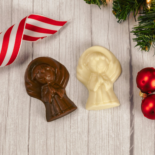 Solid chocolate angel in milk chocolate or white coating.