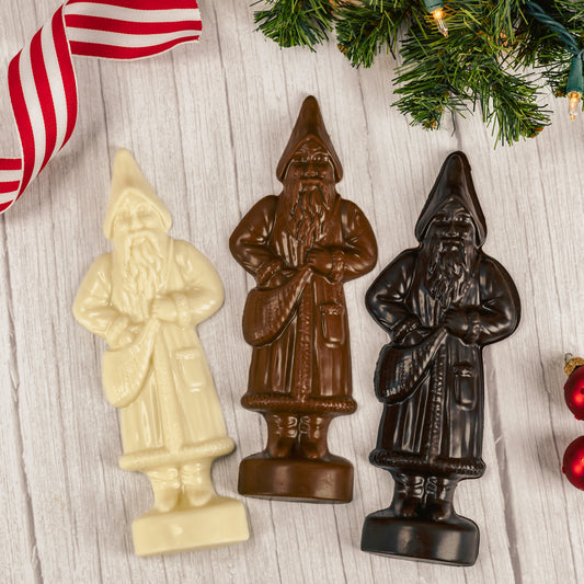 a tall St. Nick in milk chocolate, dark chocolate or white coating.