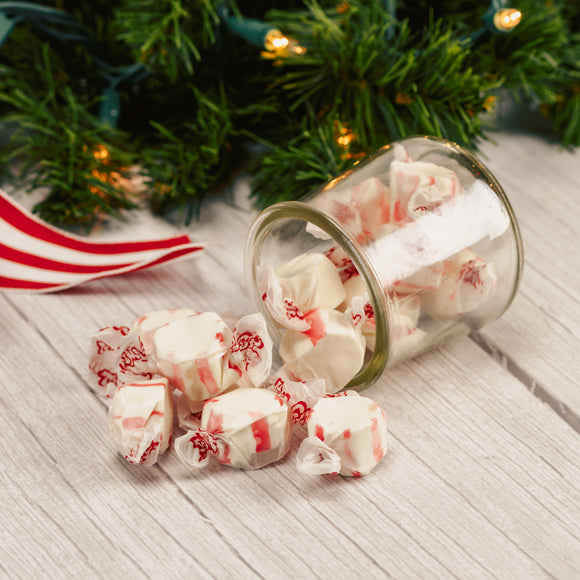 half pound bag of red and white peppermint taffy