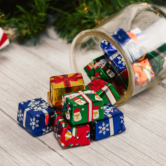 half pound bag of milk chocolate wrapped in foil to look like presents