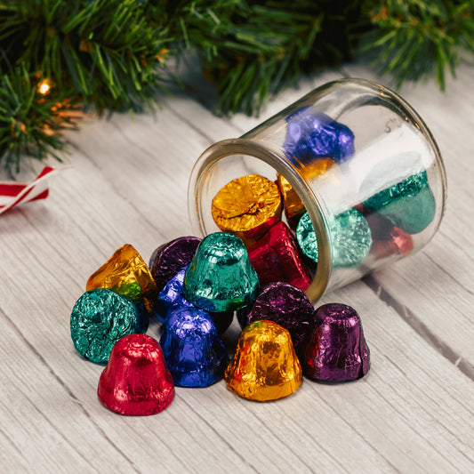 half pound bag of dark chocolate bells wrapped in foil
