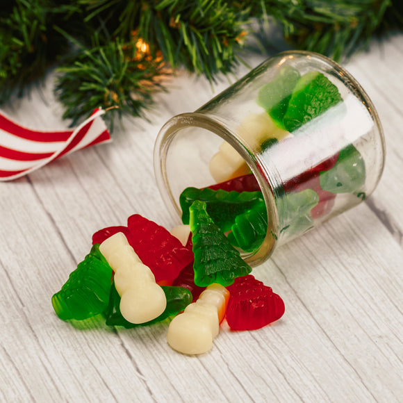 half pound bags of christmas gummies; red and green tree, white snowman 