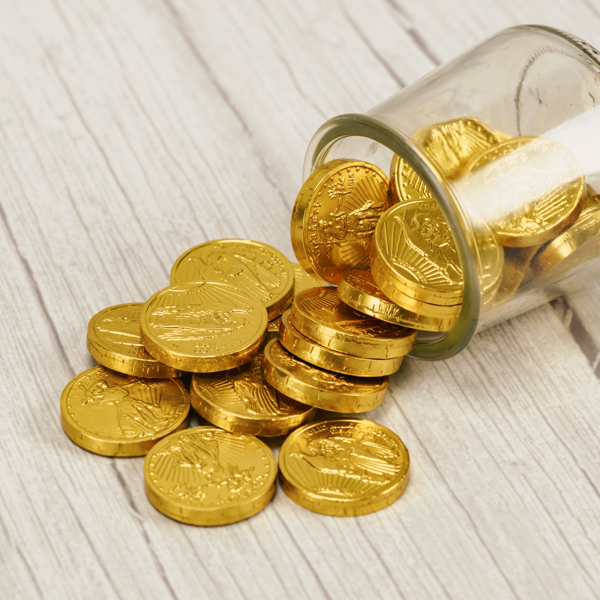 Milk chocolate coins wrapped in gold foil. Half pound bags.