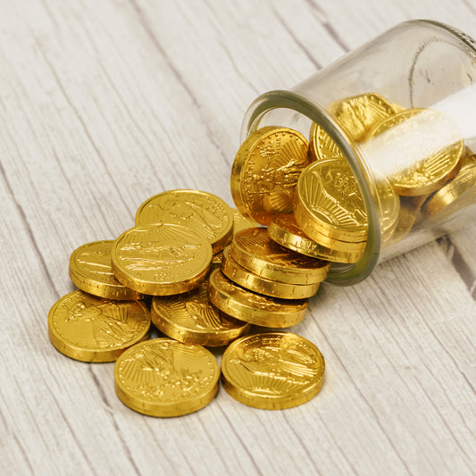 Milk chocolate coins wrapped in gold foil. Half pound bags.
