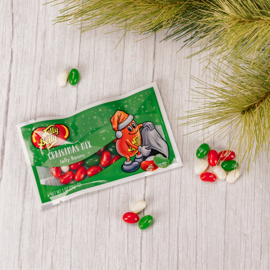 Red, green and white jelly belly beans in a long clear sleeve. Red apple, green apple, coconut and cherry flavors.
