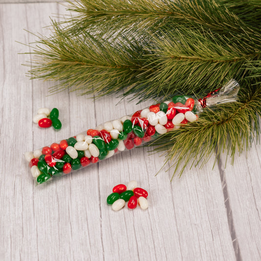 Red, green and white jelly belly beans in a long clear sleeve. Red apple, green apple, coconut and cherry flavors.