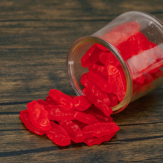 mini red swedish fish in a half pound bag