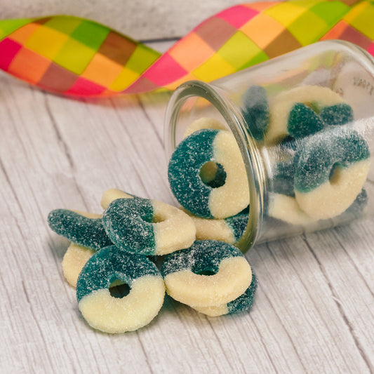 A half pound bag of blue raspberry rings will make your hot summer days a whole lot cooler!