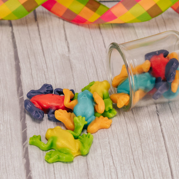 Eat these quick before they jump away! A half pound bag of cute gummi rainforest frogs that are flavored blue raspberry & orange, strawberry & grape and sour lemon & sour green apple. 
