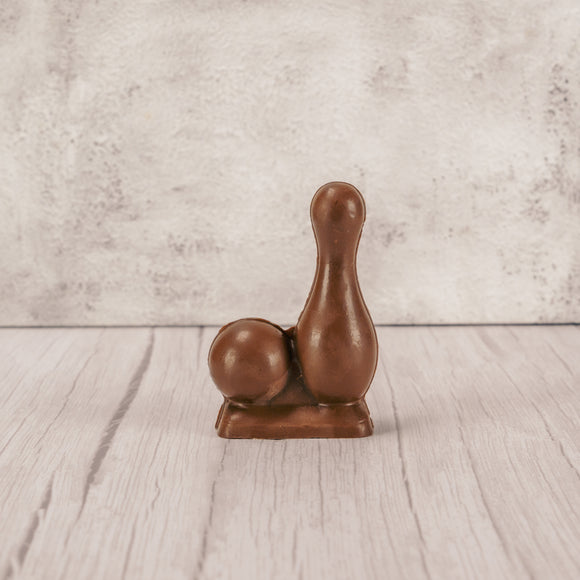 Sold milk chocolate in the shape of a bowling ball and pin.