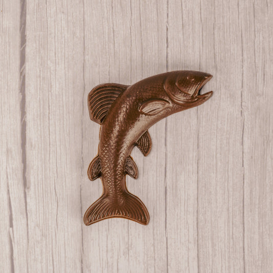 A large milk chocolate fish packaged in a clear cello bag.