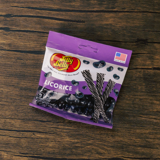 a Jelly Belly bag of all black licorice flavor jelly beans. 3.5 ounces