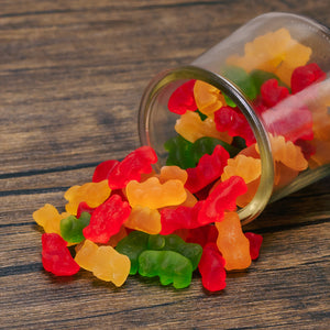 assorted fruit flavored gummi bears in half pound bags