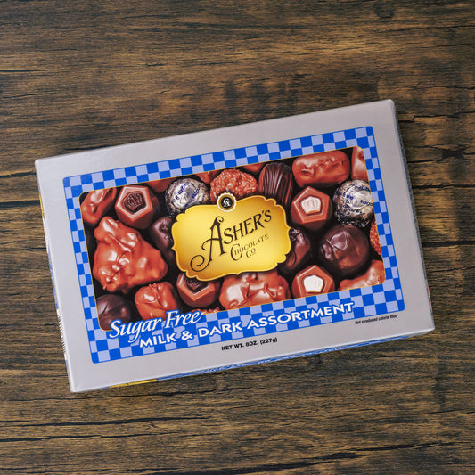 Variety of sugar free chocolates. Mixed box of assorted sugar free chocolates. Creams, caramels and crunchy pieces. Sugar Free