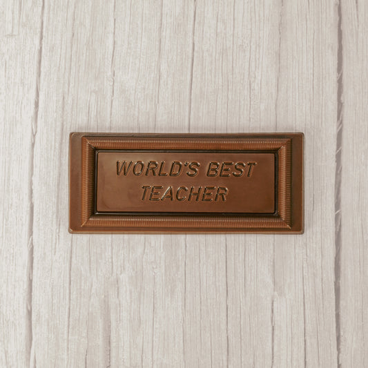 solid milk chocolate rectangle bar that reads "world's best teacher'
