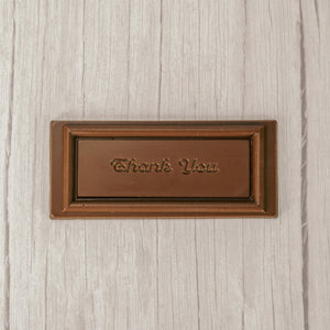A rectangle shape milk chocolate bar that reads "Thank You"