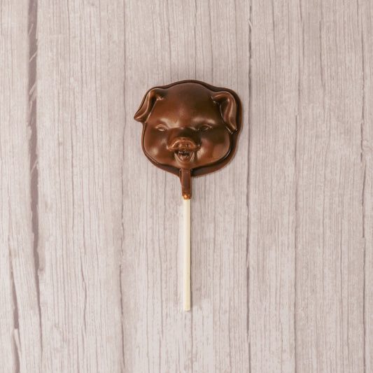 a small milk chocolate pig face on a sucker stick.