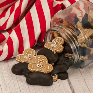 half pound bag of gingerbread cookies with pants dipped in dark chocolate