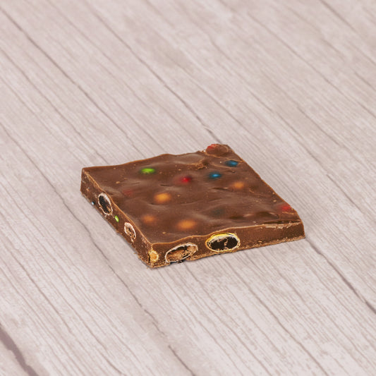 M&Ms mixed with milk chocolate and cut into large squares. Approximately 16 pieces in a pound box .