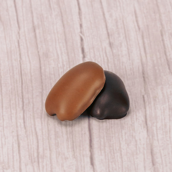 pecans dipped in rich dark chocolate or smooth milk chocolate in a one pound box.