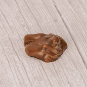 clusters of dried raisins dipped in smooth milk chocolate in a pound box.