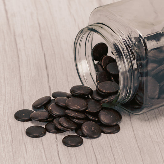 small bite size discs of bittersweet chocolate in a half pound bag
