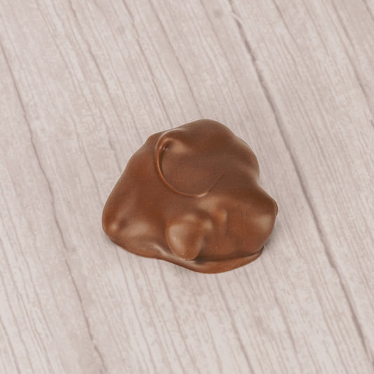 crunchy cashews with caramel covered in milk chocolate in a pound box.