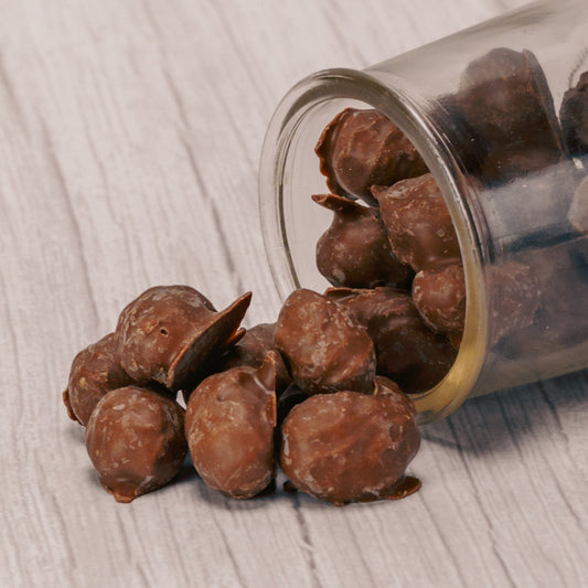 peanuts covered in a layer of peanut butter and then dipped in milk chocolate in half pound bags.