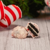 bite-sized Oreo cookies dipped in white coating with crunchy, crushed peppermint pieces. Half pound box.