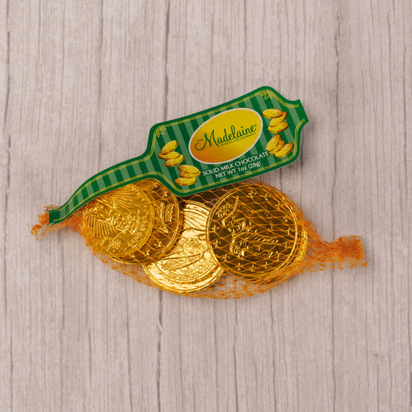 a small 1 oz. mesh bag is filled with milk chocolate foil wrapped gold coins.
