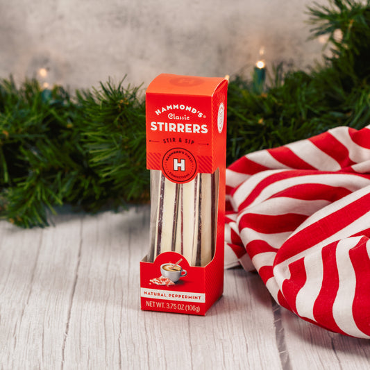 Red and white striped peppermint stirrers for hot cocoa or coffee.