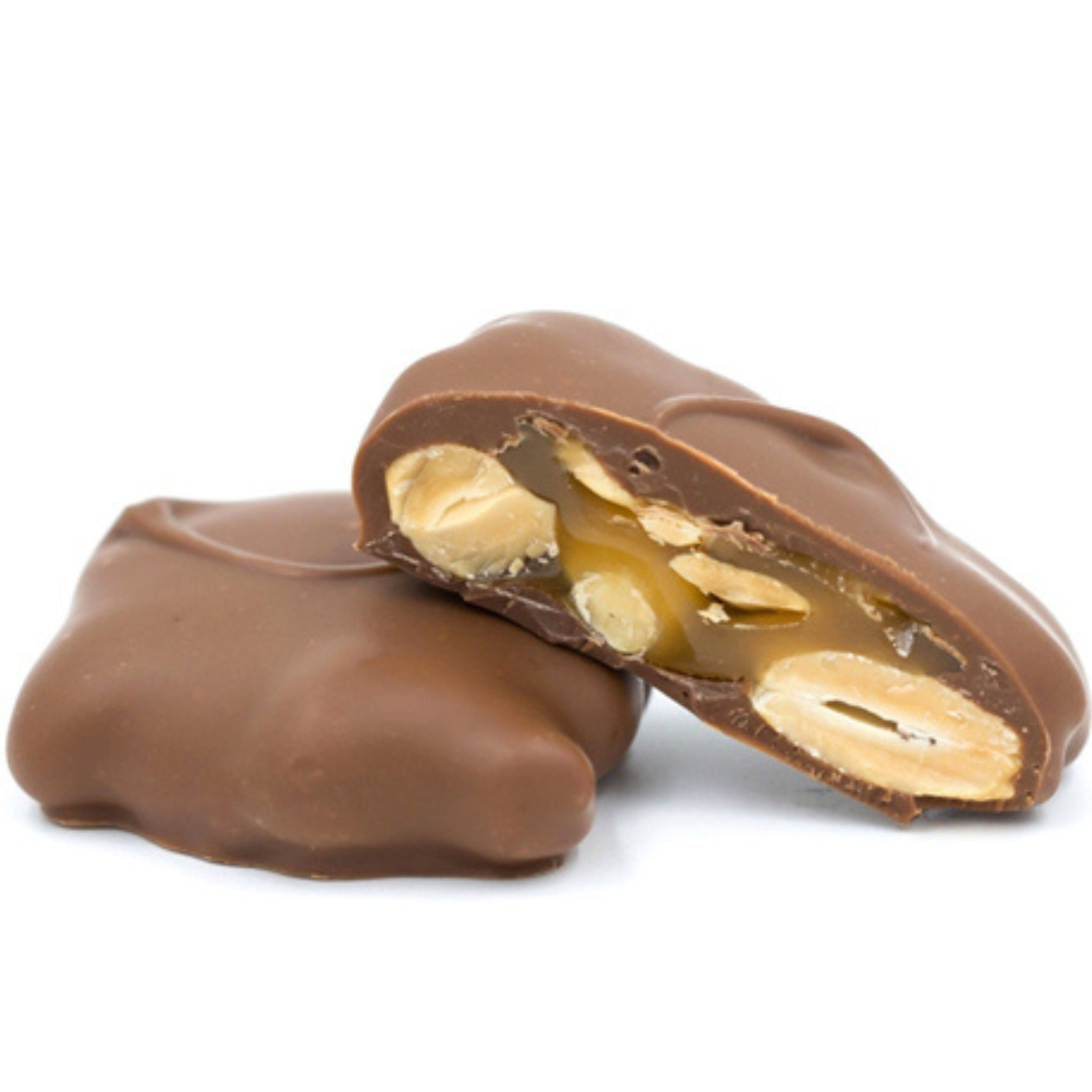 crunchy cashews with caramel covered in milk chocolate in a pound box.