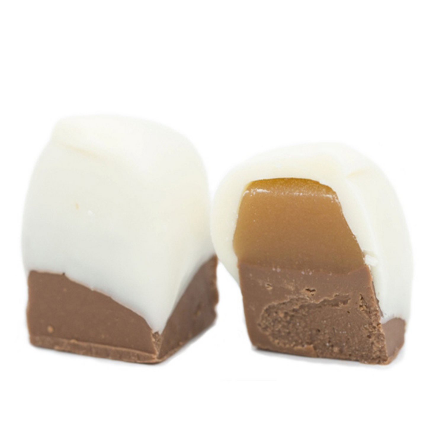Silky chocolate bottom with a dollop of caramel and dipped in white coating. Looks like a smoke stack chimeny with snow. Packaged in a clear rectangle tube. About a half pound