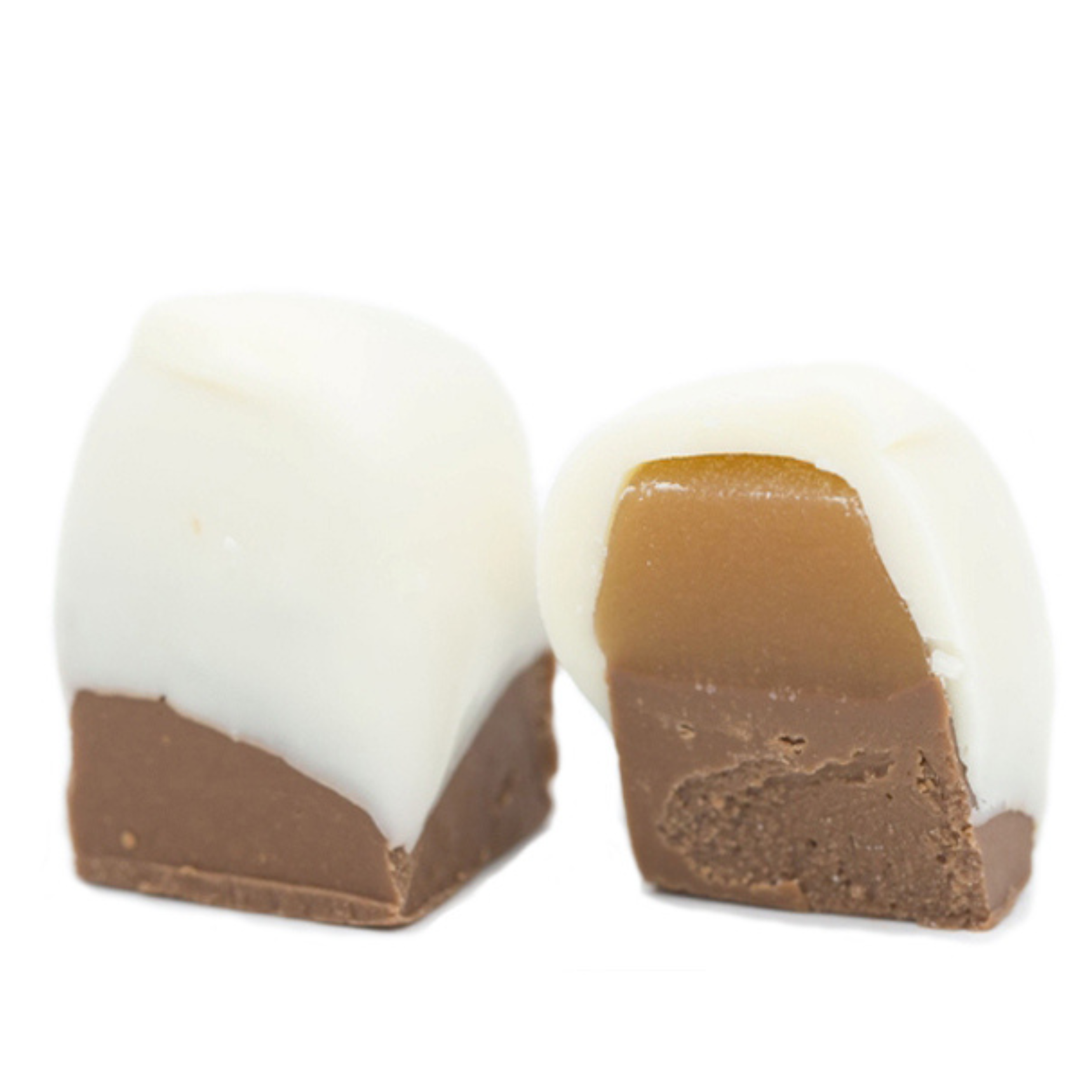 Silky chocolate bottom with a dollop of caramel and dipped in white coating. Looks like a smoke stack chimeny with snow. Packaged in a clear rectangle tube. About a half pound